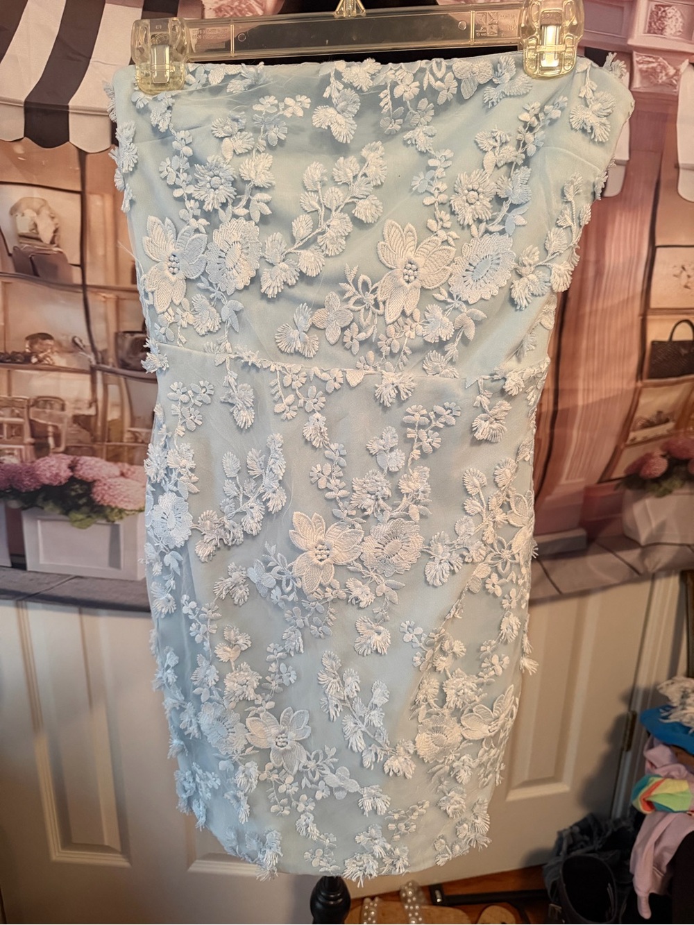 Altar'd State Powder Blue Strapless Floral Lace Dress